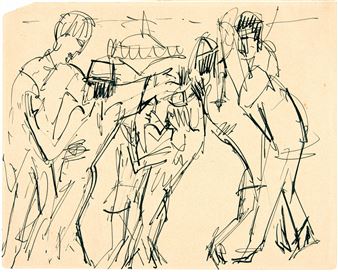 Drei Tanzpaare. Feder in Tusche auf Papier. Um 1923. 17,5 x 21,9 cm, unter Passepartout. Unter Glas gerahmt - Ernst Ludwig Kirchner