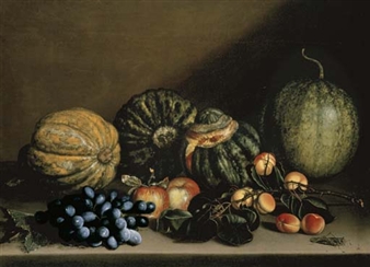 Melons, apricots, grapes and apples on a stone ledge - Caravaggio