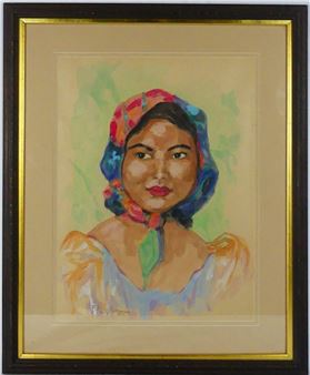 Watercolor painting on paper depicting a portrait of a woman attributed to Fernando Cueto Amorsolo (Philippino - Fernando Amorsolo