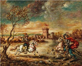 Combattimento di cavalieri nel paesaggio con castello - Giorgio de Chirico