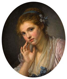 Portrait of a girl, bust-length, wearing a pink dress, diaphanous shawl and blue ribbon with flowers in her hair - Jean-Baptiste Greuze
