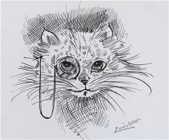 Comical study of a cat wearing a monocle - Louis Wain
